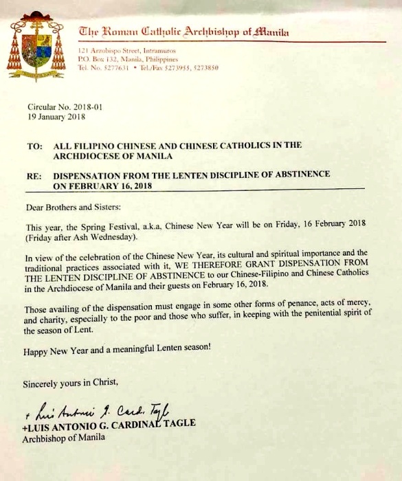 Cardinal Tagle Dispensation for Chinese New Year 